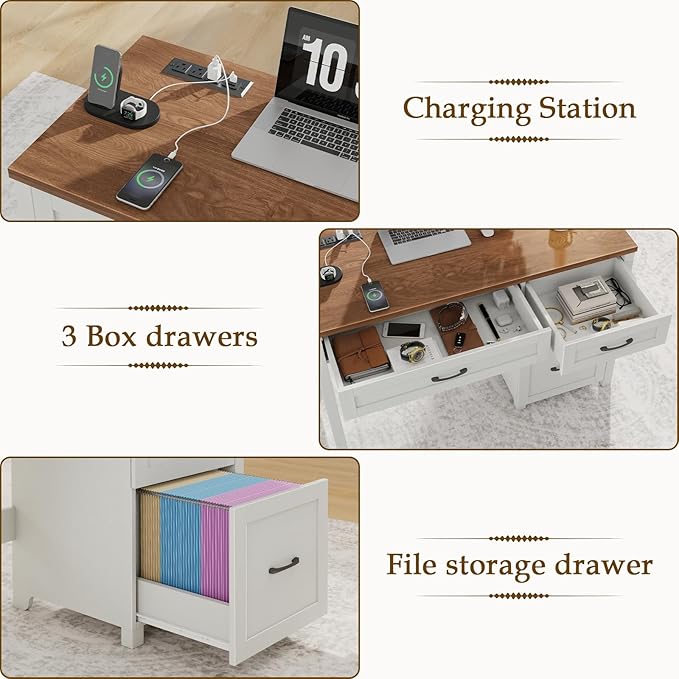 Vabches Farmhouse 47 Executive Desk Computer Desk with File Drawer and Charging Station Workstation for Home Office &amp Study（Off White