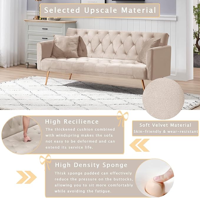 KINFFICT Velvet Futon Sofa Bed with 2 Pillows Convertible Sleeper Sofa Couch with 3 Angle Adjustable Backrest Modern Loveseat with 4 Golden Metal Legs for Living Room and Bedroom