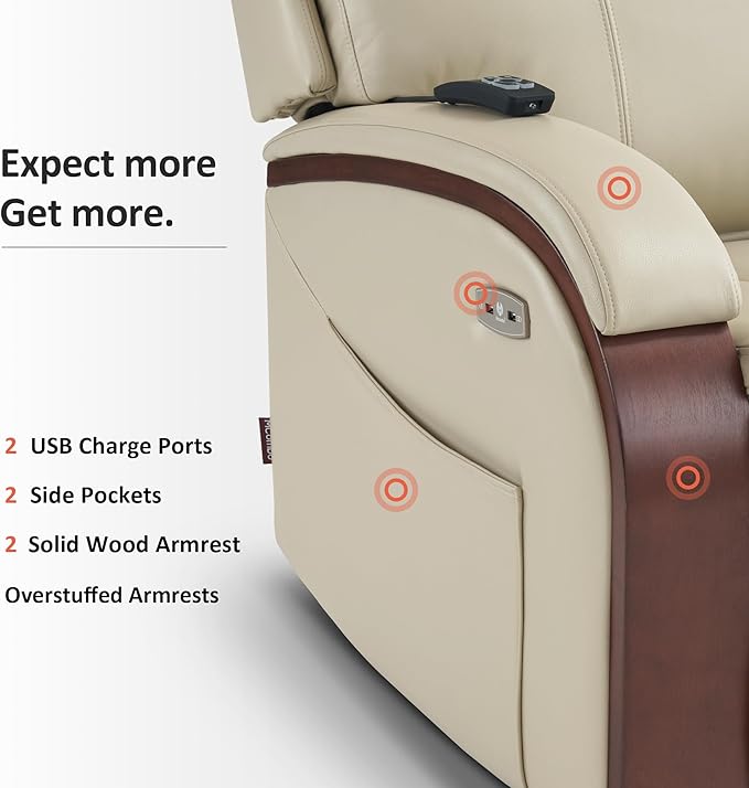 MCombo Power Lift Recliner Chair Sofa with Massage and Heat Adjustable Headrest for Elderly People Solid Wood Armrest USB Ports Side Pockets Faux Leather 7917 (Cream White Medium)
