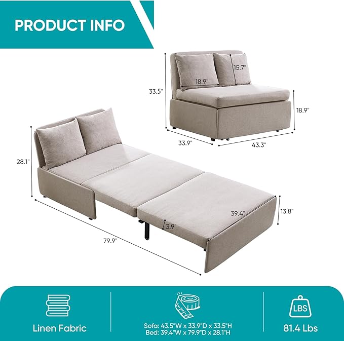 BALUS 43 W Twin Size Pull Out Sleeper Sofa Bed Couch with Pullout Beds 2 in 1 Convertible Linen Sleepers Single Sofas Chair with Pillows and Foldable Mattress for Small Space Apartment Loft Beige