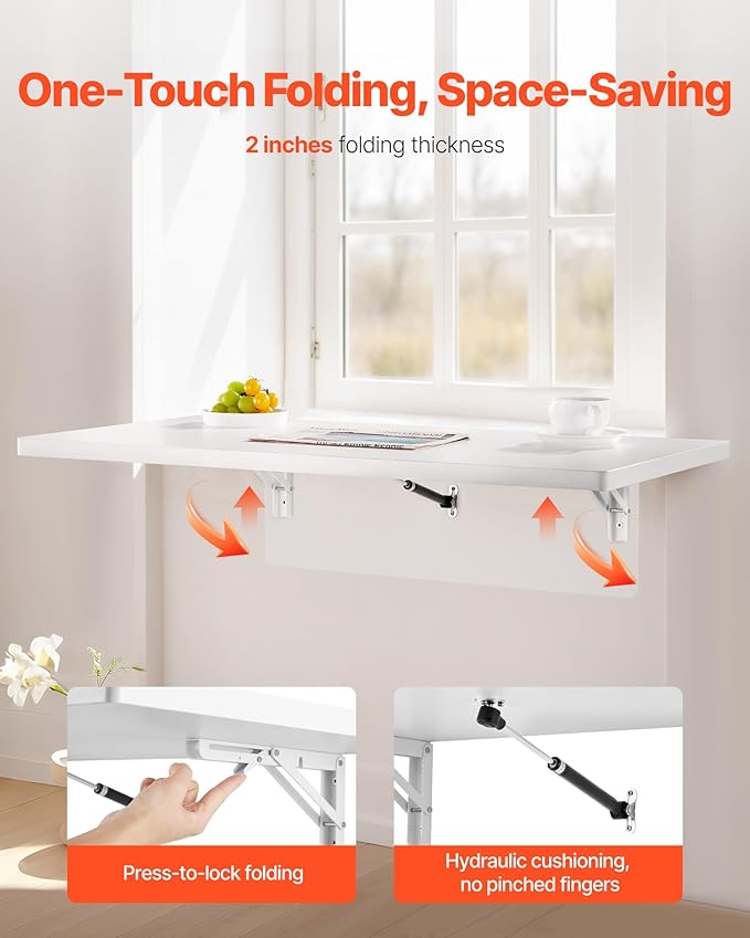 VEVOR Wall Mounted Folding Table 35.4 x 19.7 inches Wall Mount Table Floating Desk with Iron Bracket for Small Spaces Home Office Dining Laundry Room Kitchen Bar White