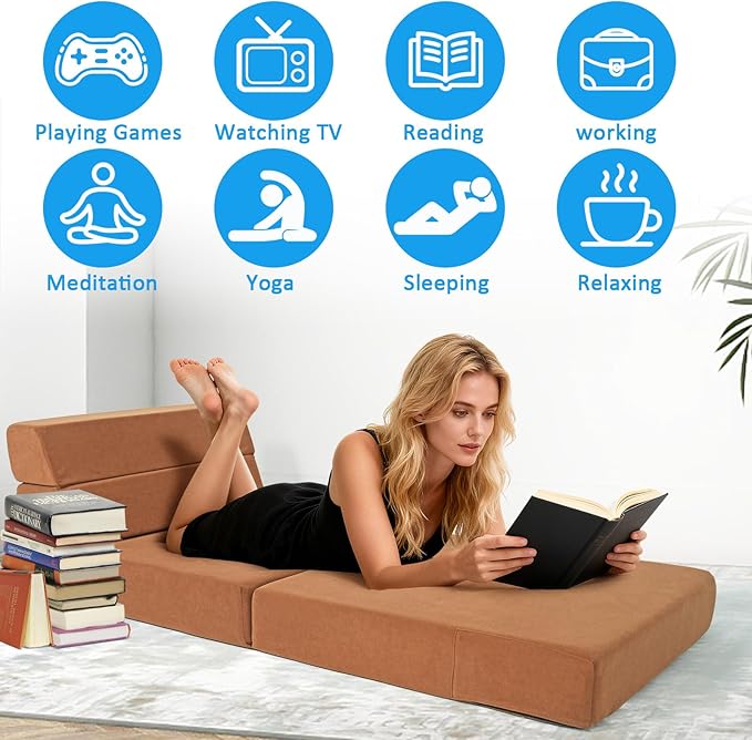Folding Sofa Bed 4 in 1 Convertible Sleeper Chair with Washable Cover Memory Foam Fold Out Chair Bed Foldable Mattress with Back Support for Living Room Dorm Guest Room Home Office Coffee Brown