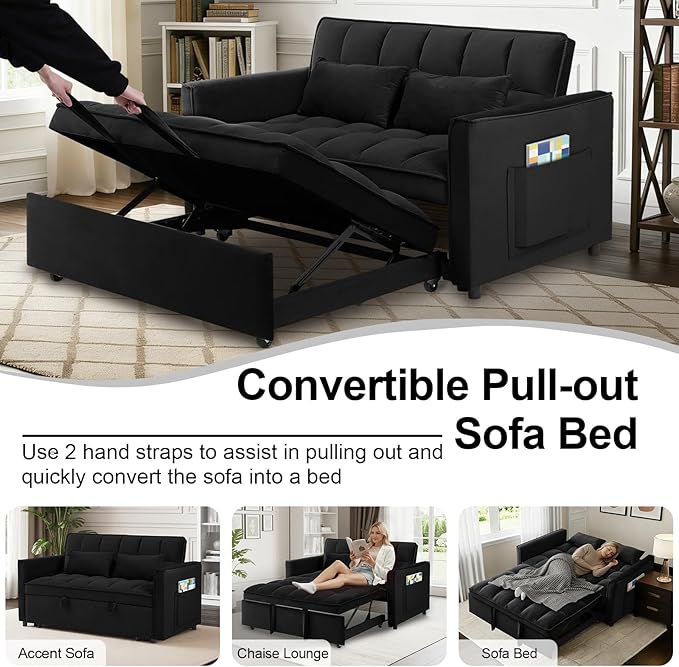 3 in 1 Convertible Sofa Bed Pull Out Couch with Adjustable Backrest Velvet Sleeper Sofa Loveseat with Pillows and Side Pockets for Living Room Bedroom Apartment Black