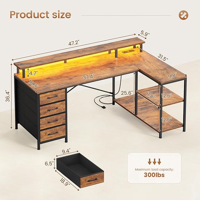 SEDETA L Shaped Desk with 4 Drawers and Storage Shelves L Shaped Gaming Desk with LED Lights &amp Power Outlets Computer Desk with Shelves &amp Drawer Corner Desk Home Office Desk Rustic Brown