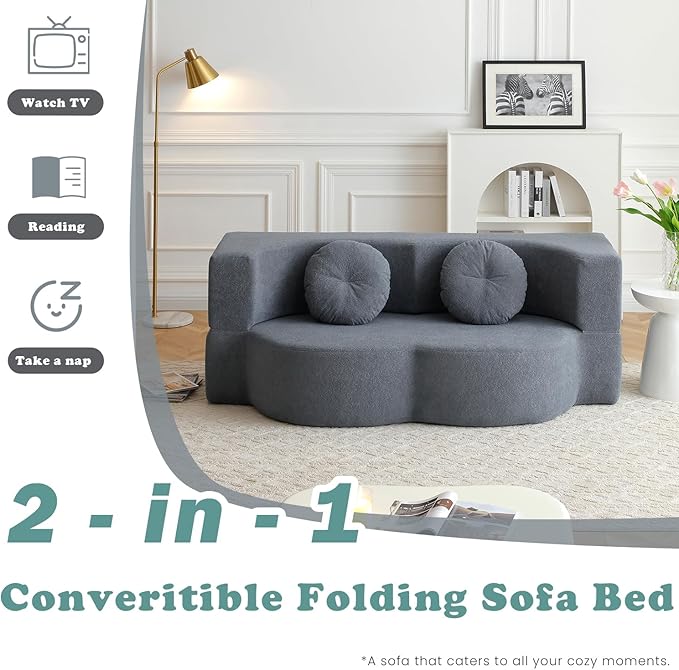 76 Convertible Folding Futon Sofa Bed Queen Sleeper Sofa with Pillow Teddy Fabric Floor &amp Futon Loveseat Couch Foam Folding Mattress Sleeper for Living Room Guest Use OfficeApartment (Grey)