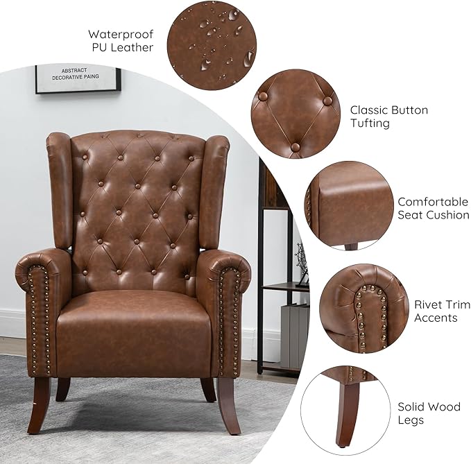 MOJAY Mid-Century Modern Living Room Chairs Set of 2 Upholstered Faux Leather Accent Chairs Club Arm Chair Single Sofa Chair with Solid Wooden Legs for Bedroom Study Home Office Lounges (Brown)