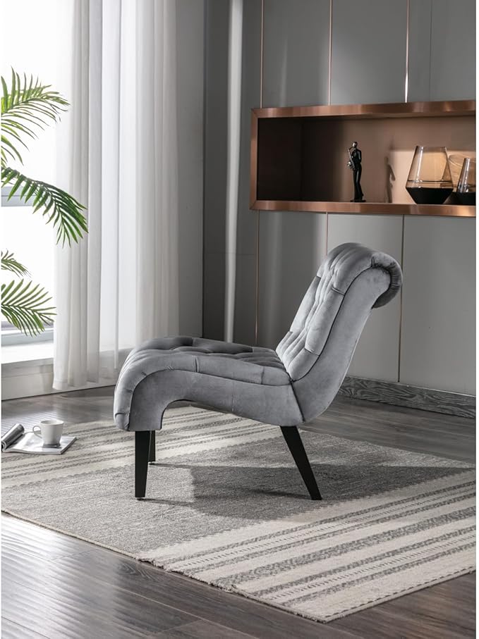Modern Velvet Armless Accent Chair with Wooden Legs for Living Room Bedroom Office (Silver Velvet)