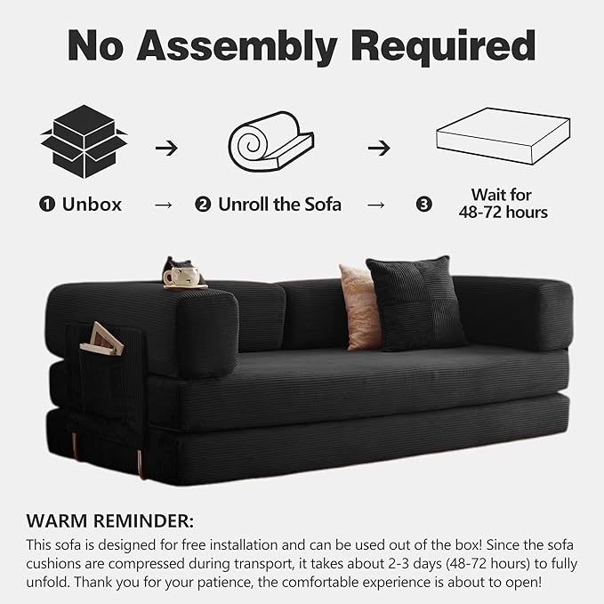 78.8 Convertible Sofa Bed - Compression Sofa with Corduroy Fabric - with Armrests and Backrest - Modular Sectional for Living Room Bedroom Studio - Compression Sofa in Box (Black)