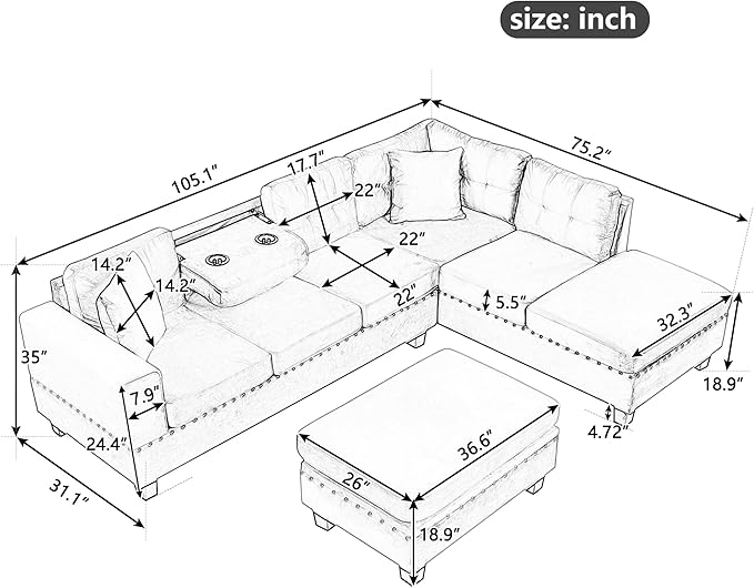 P PURLOVE Sectional Sofa with Reversible Chaise and 2 Pillows Polyester L-Shaped Sofa with Storage Ottoman and Cup Holders Sectional Couche Living Room Furniture Sets (Gray)