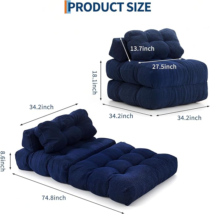 Folding Sofa Bed Convertible Sleeper Chair with Pillow Foldable Matress with Back Support Portable Fold Out Chair Bed Comfy Floor Sofa Lounge for Living Room Bedroom Navy Blue Single