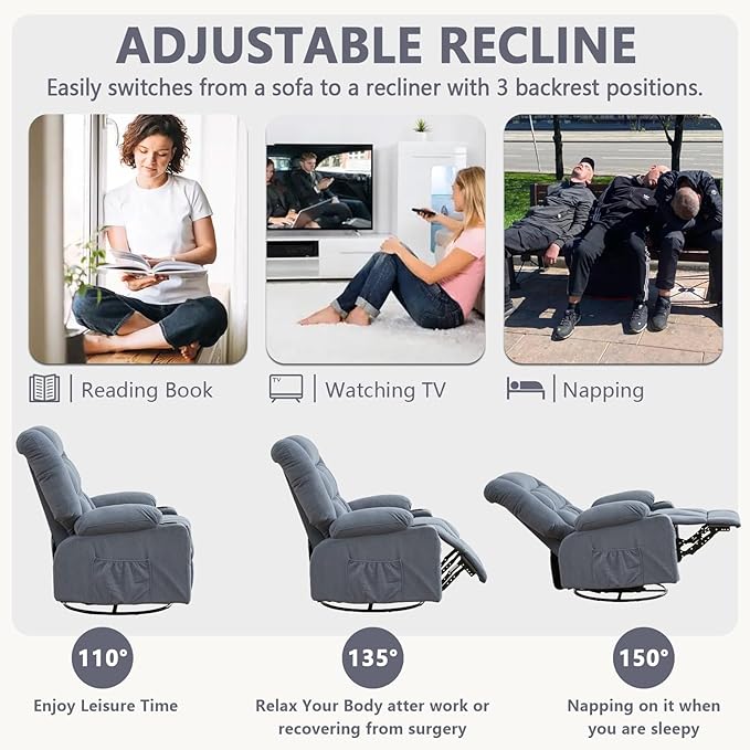 Oversized Recliner Chairs for AdultsSwivel Rocking Chair Recliner with Wide Arms&amp Backrest Fabric Reclining Chair with Pockets Lazy Boy Recliners for Living Room Bedroom (Regular Blue)
