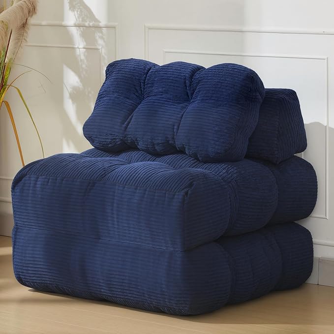 Folding Sofa Bed Convertible Sleeper Chair with Pillow Foldable Matress with Back Support Portable Fold Out Chair Bed Comfy Floor Sofa Lounge for Living Room Bedroom Navy Blue Single