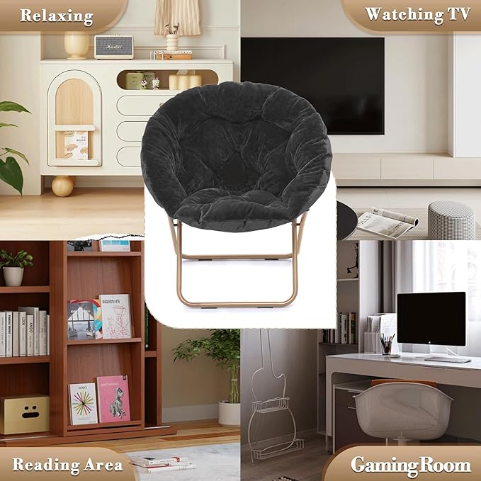 Athena Collection Round Saucer Chair with Ottoman Set for Adults Oversize Comfy Cozy Faux Fur Folding Reading Chair with Metal Leg Lazy Relaxing for Living Room Bedroom Dorm Apartment Black