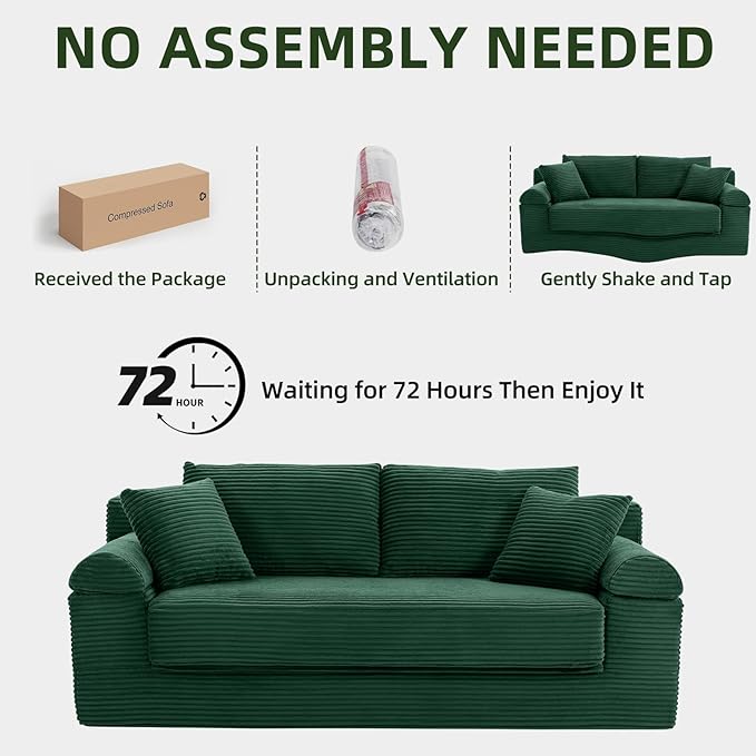 Folding Convertible Sofa Bed 78 Inch Corduroy Boneless Cloud Couch Futon Compressed Pull Out Loveseat Sleeper Bed Foldable Floor Mattress Sofa for Living Room Bedroom Green