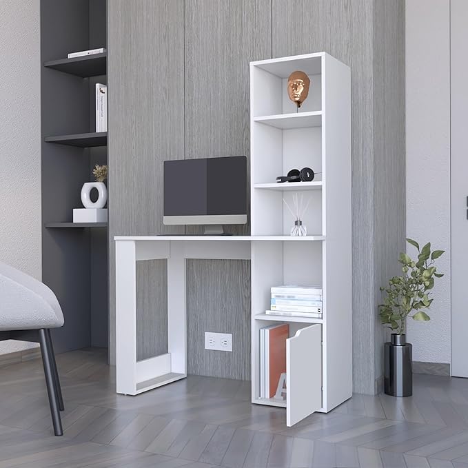 Penau Stylish White Office Desk with Integrated Bookcase Lower Cabinet for Storage Durable Particle Board Construction 58.27 Inches Height 38.78 Inches Width