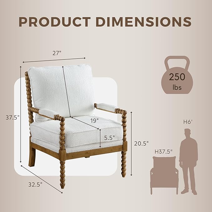 Furniture of America Dedee Mid Century Modern Boucle Fabric Accent Chair with Arms Wide Spindle and Solidwood Legs for Living Room Bedroom Reading Corner Home Office Light Oak and White