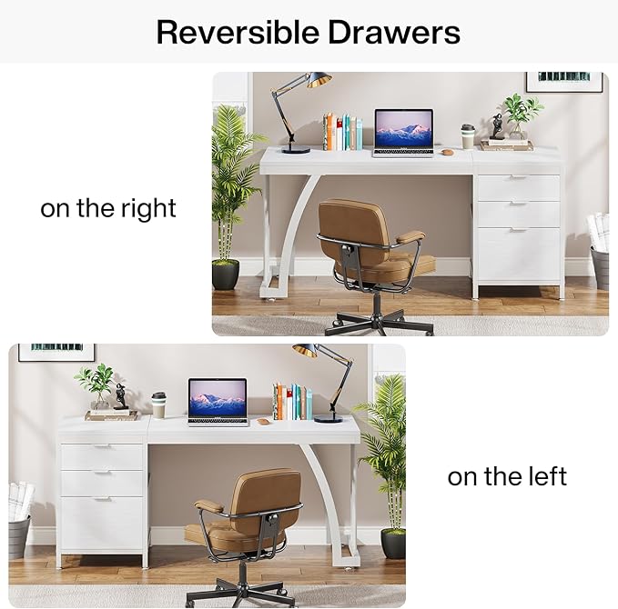 Tribesigns Computer Desk with 3 Drawers 59-Inch PC Desk with Reversible Drawers Industrial Study Writing Table Workstation with File Storage for Home Office White