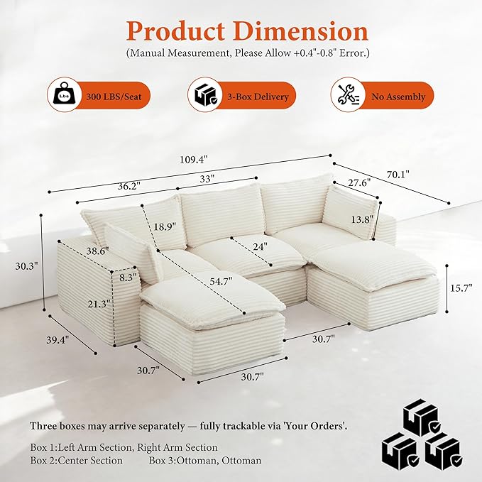 110 Sectional Couches for Living Room Boneless Couch Upholstered Cloud Couch Sectional Modular Sectional Sofa with L Shaped (Corduroy-White 3 Seat+2 Ottoman)