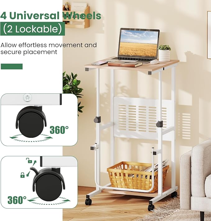 Tangkula Adjustable Standing Desk Mobile Rolling Computer Desk with Storage Shelf Portable Laptop Table with Footrest Mesh Panel Lockable Wheels Sit Stand Workstation for Home Office
