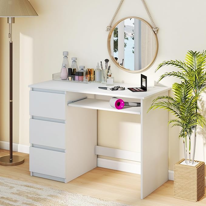 GOFLAME Computer Desk with 3 Drawers &amp Charging Station 42” Home Office Desk with Storage &amp Keyboard Tray Writing Desk PC Workstation Vanity Table (White)