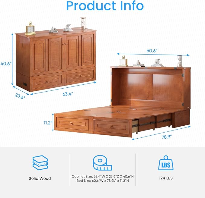 PUREMIND Queen Murphy Bed Frame with Headboard Hideaway Chest Bed Frame Storage Drawers USB Charging Ports- Space Saving Cabinet Chest Beds for Guest Room Bedroom