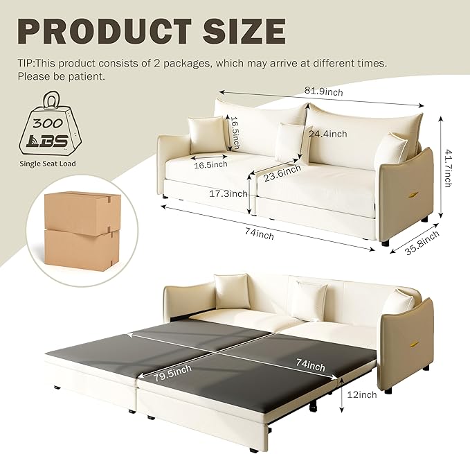 81.9 Sleeper Sofa Bed King Size 3-in-1 Convertible Couch Modern Pull Out Couches Comfy Velvet Futon Sofa Cloud Loveseat Lounge 3 Pillows for Small Spaces Living Room Gold Beige