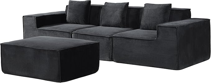 Rowan Convertible Corduroy Sectional Couch with Ottoman &amp Pillows Modular L Shaped Sleeper Sofa Boneless Cloud Couch for Living Room Furniture Black