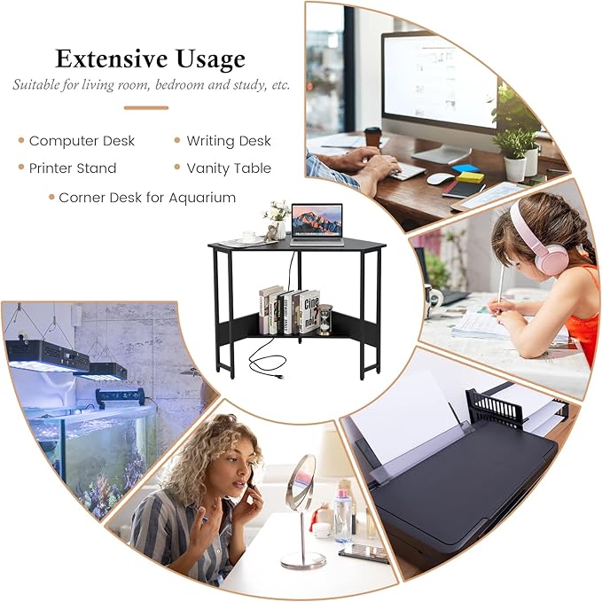 GOFLAME Corner Desk with Power Outlet Triangle Computer Desk for Small Space Space-Saving Writing Desk with Storage Shelf and Charging Station Modern Laptop PC Desk for Home Office Black