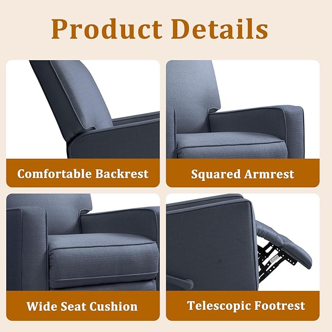 Swivel Rocker Recliner Chair for Adults High Back Fabric Recliner with Deep Seat Manual Glider for Living Room &amp Nursery Blue