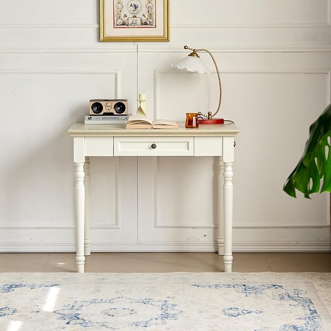 French Country Style Writing Desk35''Solid Wood Farmhouse Computer Table with DrawersSolid Wood Vanity Dressing Desk Simple Style for Home Office Study Bedroom (Beige 35in)