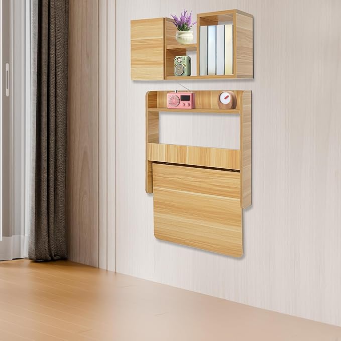 Wall Mounted Folding Table with BookshevesFloating Desk with BookcaseWooden Fold Down Laptop Table for Small SpaceHome Office BedroomStudy RoomDormWood Color