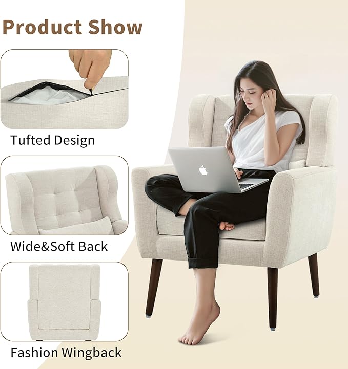 Modern Accent Chair Upholstered Arm Chair with Waist Pillow Single Sofa Chair for Living Room Bedroom Small Spaces (Beige)