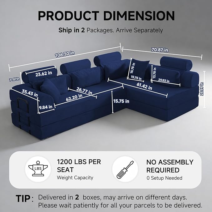 106” Cloud Sectional Couch L-Shaped Sofa with Right Facing Chaise Corduroy Boneless Couches Compressed Modular Sectional Sofa with Deep Seat High Backrest Headrest (Blue)