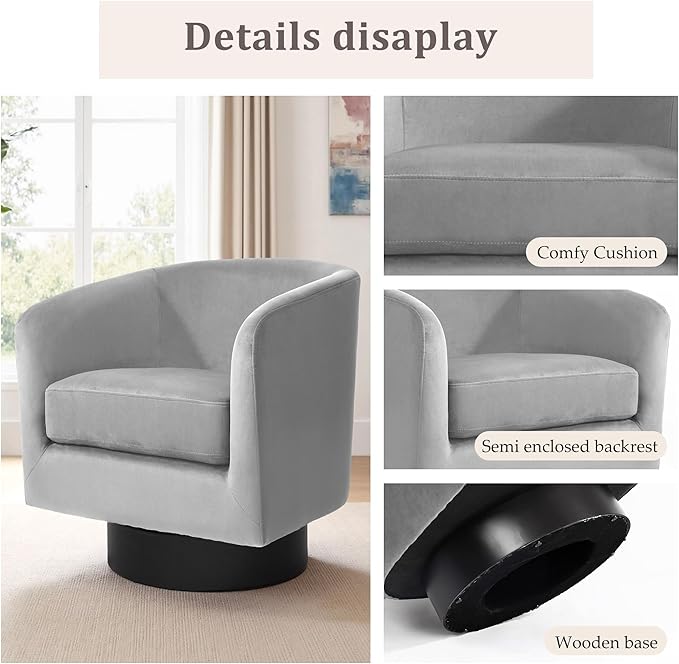 Swivel Barrel Accent Chair Modern 360° Swivel Round Barrel Chairs with Curve Back Upholstered Velvet Fabric Armchair Single Sofa Club Chair for Living Room Bedroom Gray