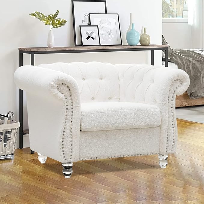 White Chesterfield Chair Sherpa Accent Chair Chesterfield Upholstered Club Wingback Chair Button Tufted Sofa for Living Room Bedroom Office