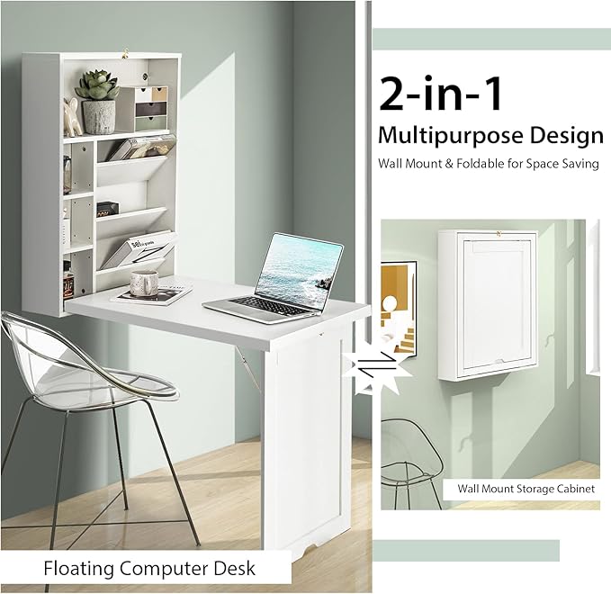 Wall Mounted Desk Wood Collapsible Floating Desk Convertible Computer Desk with Storage Area Hanging Fold Out Table for Home Office Small Spaces (White)