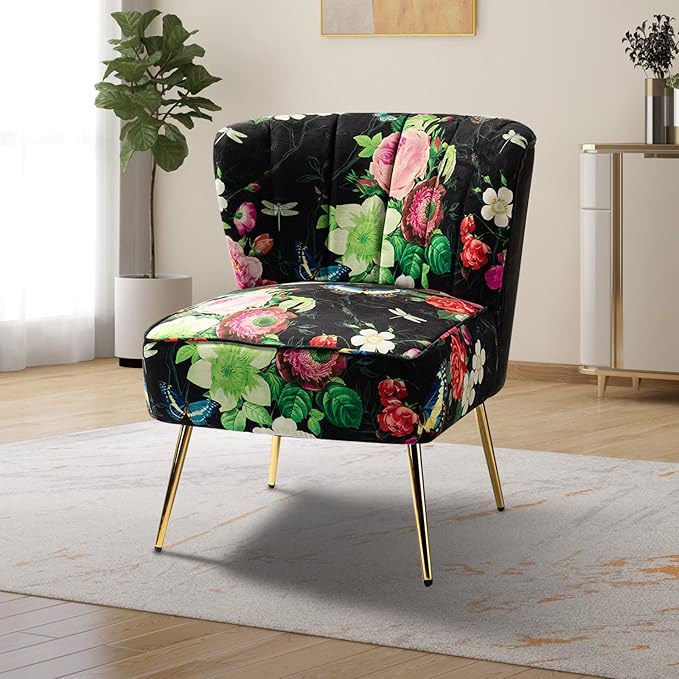 TINA'S HOME Armless Accent Chair with Gold Metal Legs Comfy Tufted Floral Fabric Living Room Chair Wingback Small Side Chair Upholstered Slipper Chair for Bedroom Reading Room (Print Flower BLACK)