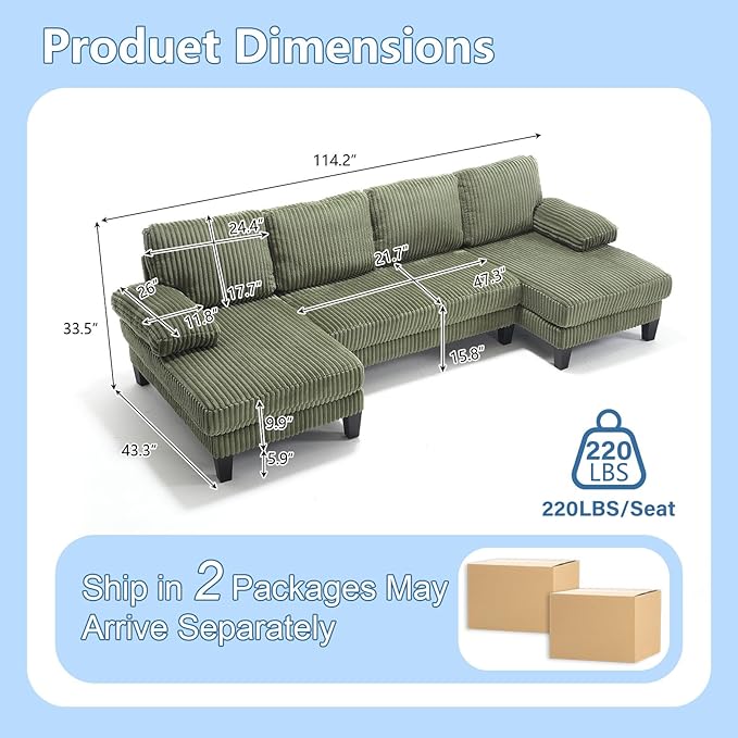 Sectional Couches for Living Room 114 Cloud Couch Modular Sofa Convertible U Shaped Couchs with Double Chaise 4-Seat Deep Seats Corduroy Sleeper Sofas for Home Furniture Green