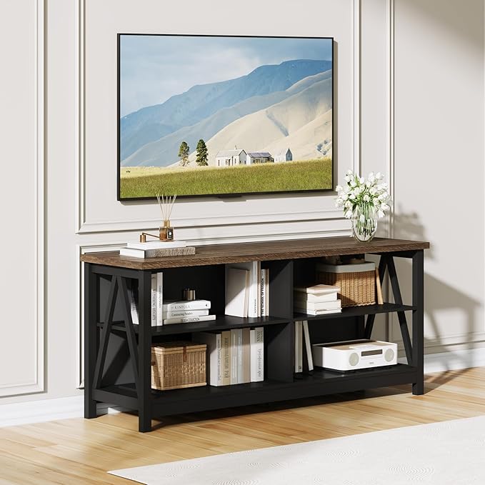 ChooChoo Farmhouse TV Stand for TVs up to 55 Inch Modern Entertainment Center with 4 Open Shelves &amp Built-in Cable Holes Media TV Console for Living Room Bedroom Black