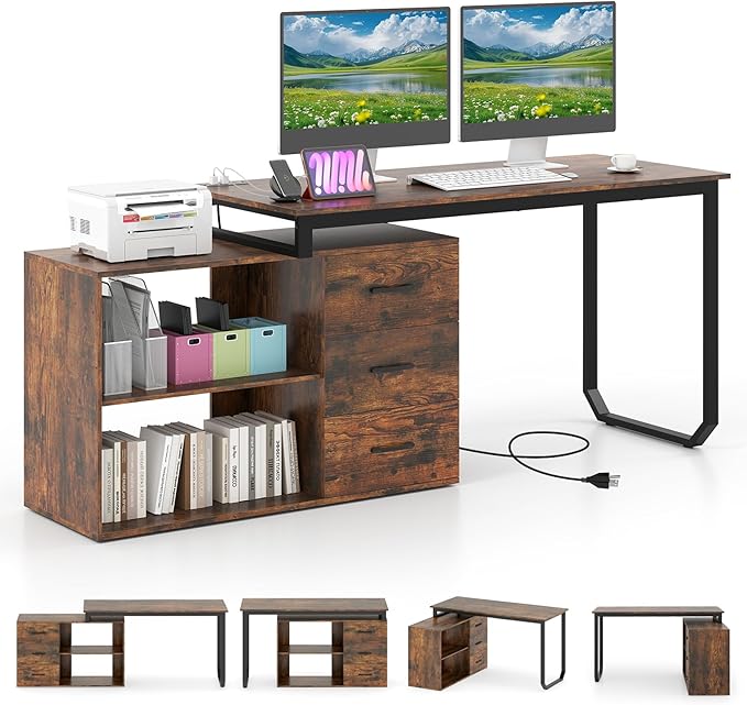 GOFLAME Reversible L Shaped Computer Desk with Charging Station 55” Home Office Desk with 3 Drawers 3-Level Adjustable Shelf Convertible Study Writing Desk for Small Space Rustic Brown