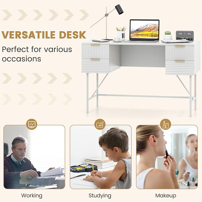 Giantex Modern Desk with 4 Drawers 48 Inch Computer Desk with Storage Heavy-Duty Gold Metal Frame Makeup Vanity Dressing Table White and Gold Desk for Bedroom Study Home Office