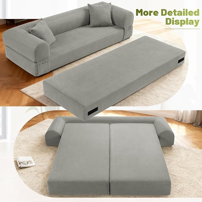 Convertible Futon Sofa Bed80 Folding Pull Out Couch Bed with StorageQueen Sleeper Sofa BedCompressed Couch in a BoxCorduroy Boneless Couches for Living RoomLight Grey