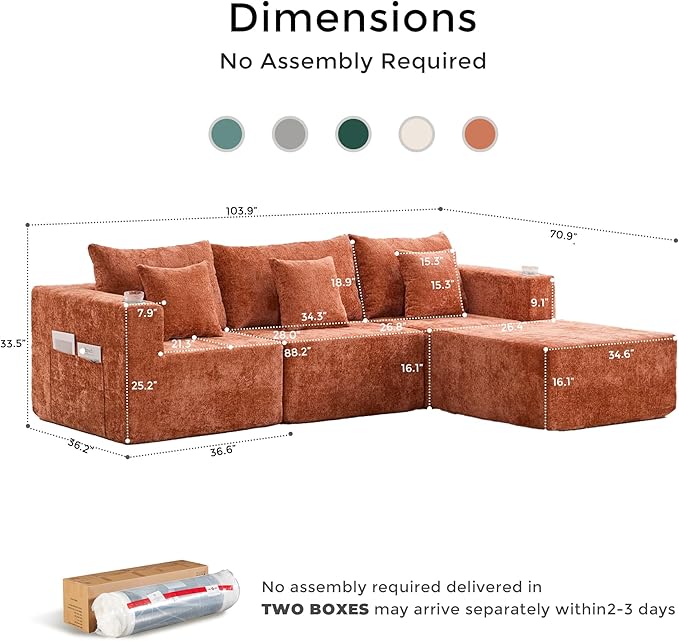 WELAX 104 Modular Sectional Couches for Living Room Boneless Couch L-Shape with Cup Holders &amp Pillows Modern Chenille Cloud Sofa 4 Seater Home Comfy Sofas for Bedroom Orange