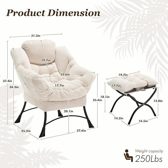 QQU Lazy Chair with Ottoman Corduroy Lounge Armchair Reading Chair with Footrest for Living Room Balcony Study (Beige)