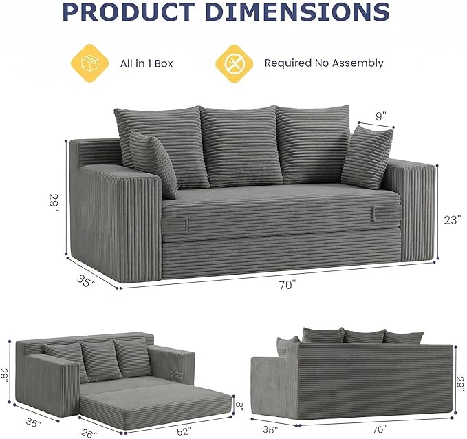 Boneless Couch for Living Room 3 Seater Convertible Futon Sofa Bed Comfy Pull Out Couch with 5 Pillows &amp Detachable Washable Cover Upholstered Floor Sofa in A Box No Assembly Required Grey