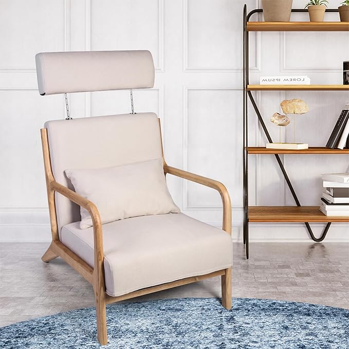 LUCKYERMORE Modern Accent ChairSet of 2 Reading Armchairs with Adjustable Headrest Upholstered Linen Lounge ChairSolid Wood Comfy Chair for Living Room Bedroom Apartment Beige