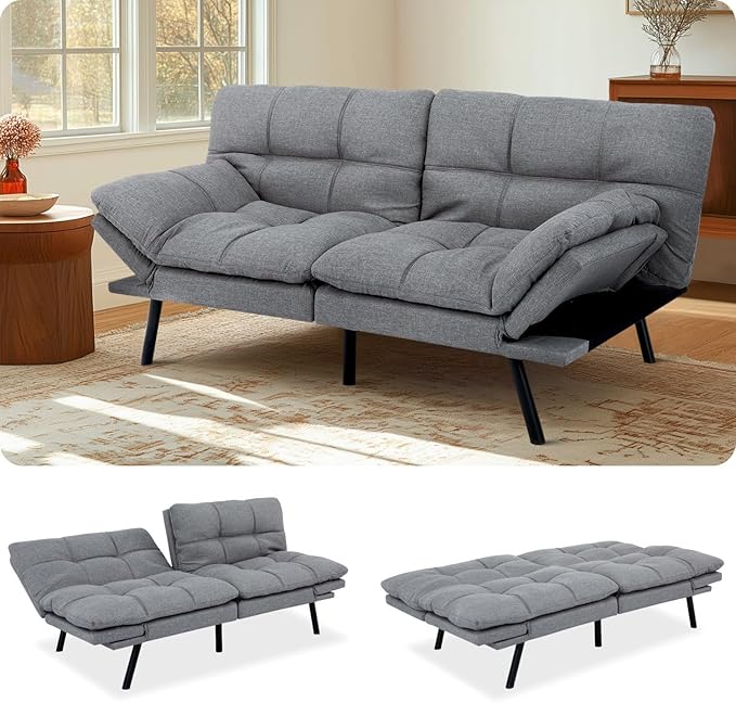 MUUEGM Futon Sofa Bed Modern Memory Foam Futon Couch Sleeper SofaLove seat Convertible Sofa with Adjustable Armrest Backrest for Compact Living Spaces71'' x33''x31.5''Linen FabricGrey