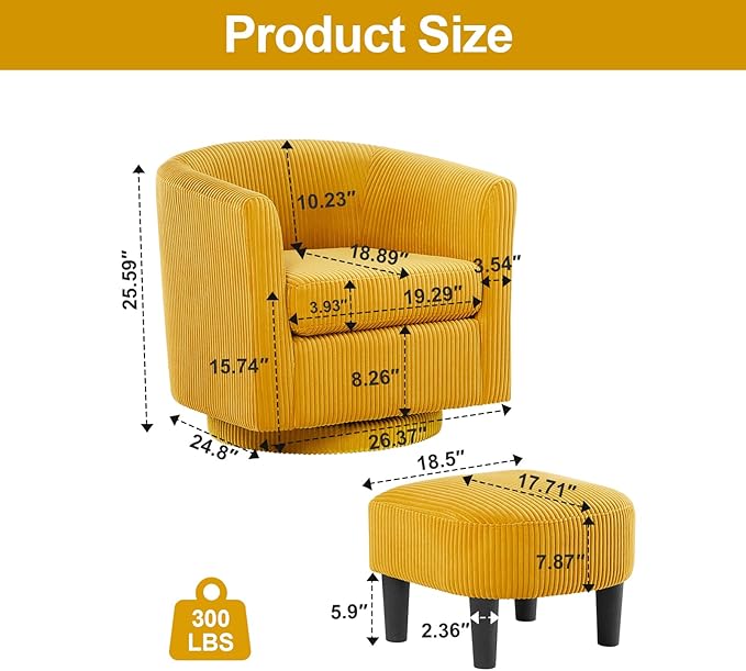 Swivel Accent Chair with Ottoman Modern Upholstered Tufted Armchairs with Footstool 360 Degree Swivel Barrel Sofa Chair Corduroy Round Tub Sofa Chair with Foot Rest for Living Room (Orange)