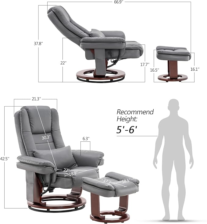 MCombo Swivel Recliner with Ottoman Chair TV Chair Sets with Vibration Massage for Small Space Living Room Bedroom 9096 9099 (Faux Leather Grey)
