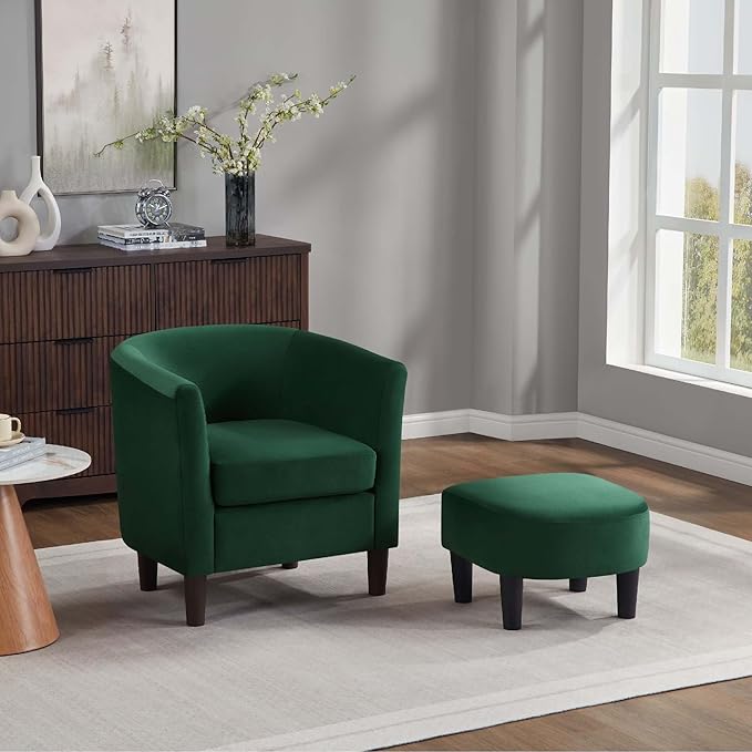 Green Swivel Accent Chair with Ottoman 360° Barrel Chairs with Foot Stool Comfy Reading Chair with Removable Pillow &amp 2 Armrest Covers for Living Room Small Spaces Bedroom (Dark Green)
